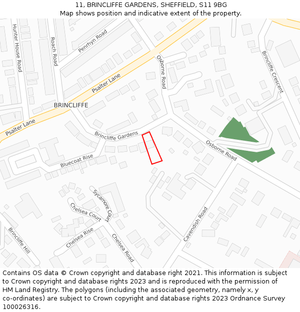 11, BRINCLIFFE GARDENS, SHEFFIELD, S11 9BG: Location map and indicative extent of plot