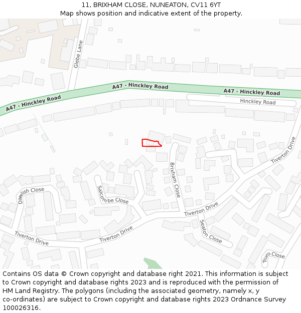 11, BRIXHAM CLOSE, NUNEATON, CV11 6YT: Location map and indicative extent of plot