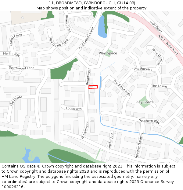 11, BROADMEAD, FARNBOROUGH, GU14 0RJ: Location map and indicative extent of plot