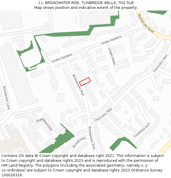 11, BROADWATER RISE, TUNBRIDGE WELLS, TN2 5UE: Location map and indicative extent of plot