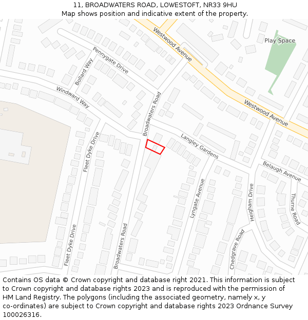 11, BROADWATERS ROAD, LOWESTOFT, NR33 9HU: Location map and indicative extent of plot