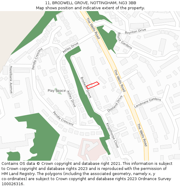 11, BRODWELL GROVE, NOTTINGHAM, NG3 3BB: Location map and indicative extent of plot