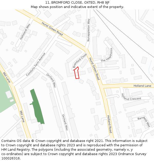 11, BROMFORD CLOSE, OXTED, RH8 9JF: Location map and indicative extent of plot