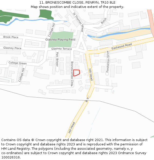 11, BRONESCOMBE CLOSE, PENRYN, TR10 8LE: Location map and indicative extent of plot