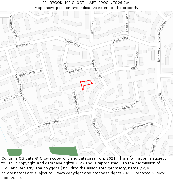 11, BROOKLIME CLOSE, HARTLEPOOL, TS26 0WH: Location map and indicative extent of plot