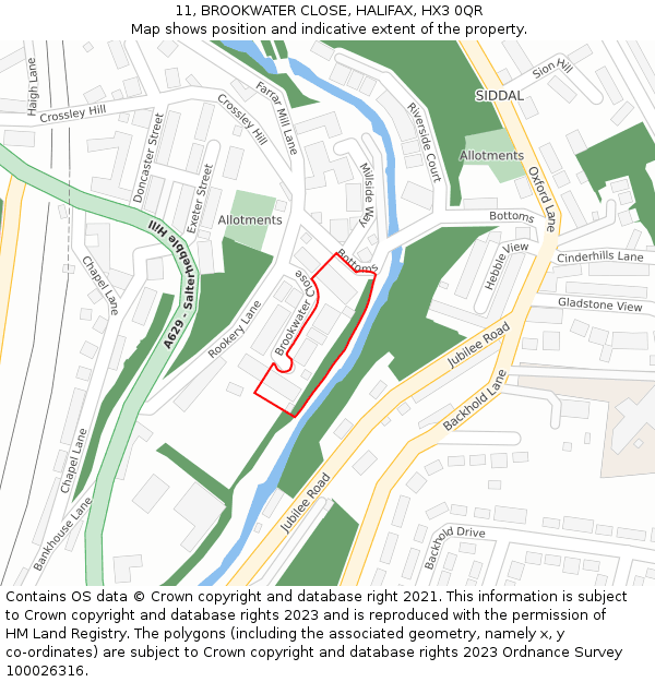 11, BROOKWATER CLOSE, HALIFAX, HX3 0QR: Location map and indicative extent of plot