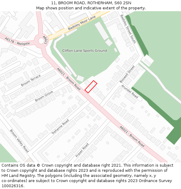 11, BROOM ROAD, ROTHERHAM, S60 2SN: Location map and indicative extent of plot