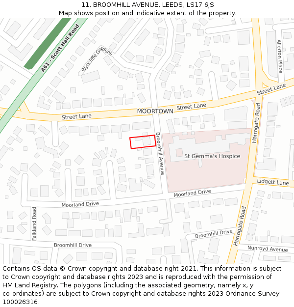 11, BROOMHILL AVENUE, LEEDS, LS17 6JS: Location map and indicative extent of plot