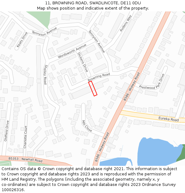 11, BROWNING ROAD, SWADLINCOTE, DE11 0DU: Location map and indicative extent of plot