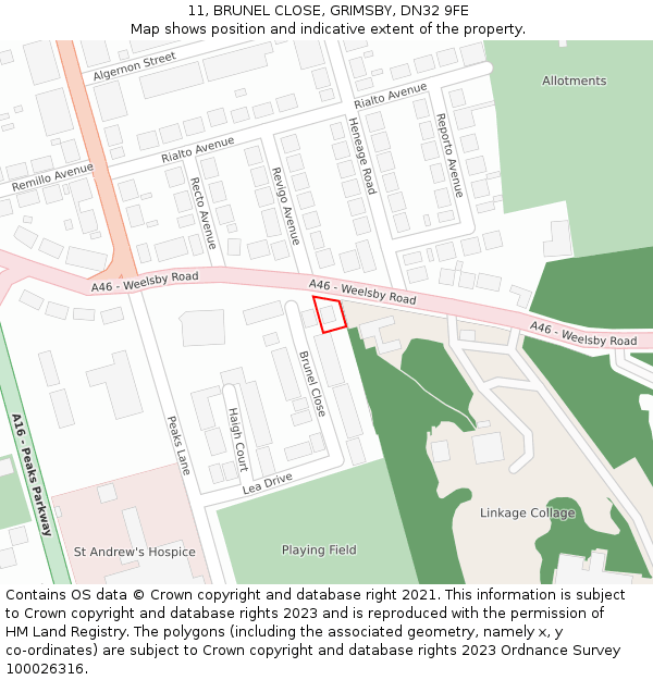 11, BRUNEL CLOSE, GRIMSBY, DN32 9FE: Location map and indicative extent of plot