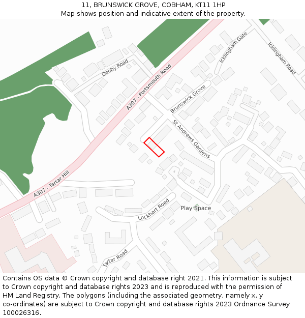 11, BRUNSWICK GROVE, COBHAM, KT11 1HP: Location map and indicative extent of plot