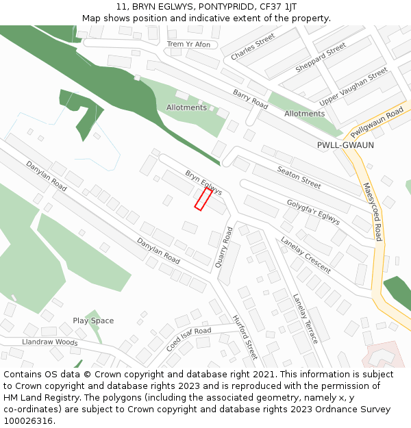 11, BRYN EGLWYS, PONTYPRIDD, CF37 1JT: Location map and indicative extent of plot