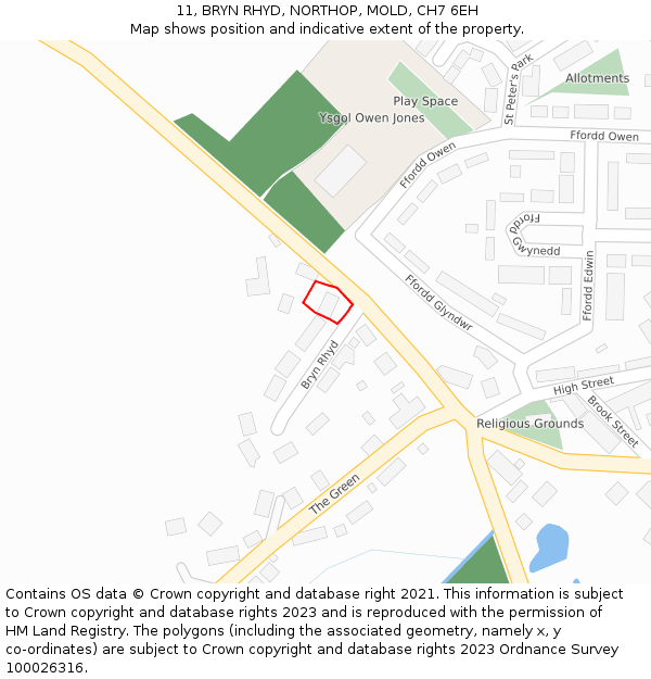 11, BRYN RHYD, NORTHOP, MOLD, CH7 6EH: Location map and indicative extent of plot