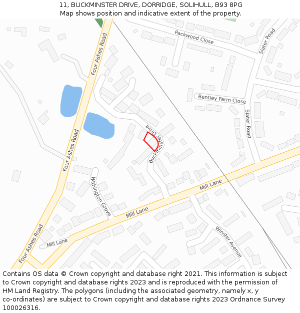 11, BUCKMINSTER DRIVE, DORRIDGE, SOLIHULL, B93 8PG: Location map and indicative extent of plot