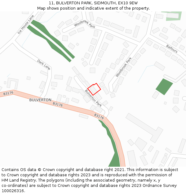 11, BULVERTON PARK, SIDMOUTH, EX10 9EW: Location map and indicative extent of plot