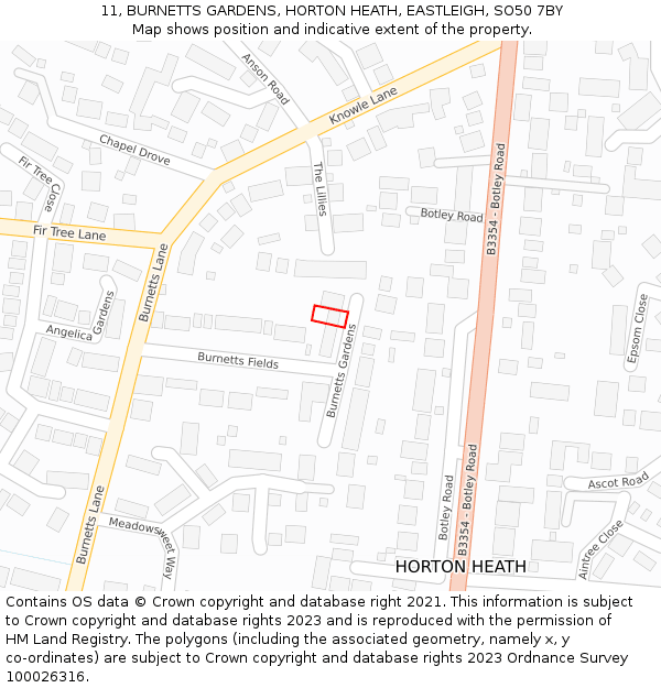 11, BURNETTS GARDENS, HORTON HEATH, EASTLEIGH, SO50 7BY: Location map and indicative extent of plot