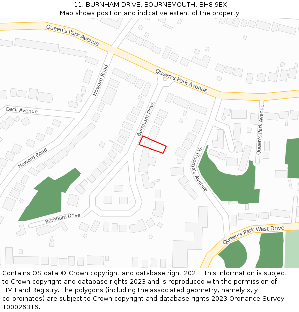 11, BURNHAM DRIVE, BOURNEMOUTH, BH8 9EX: Location map and indicative extent of plot