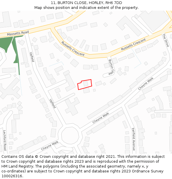11, BURTON CLOSE, HORLEY, RH6 7DD: Location map and indicative extent of plot