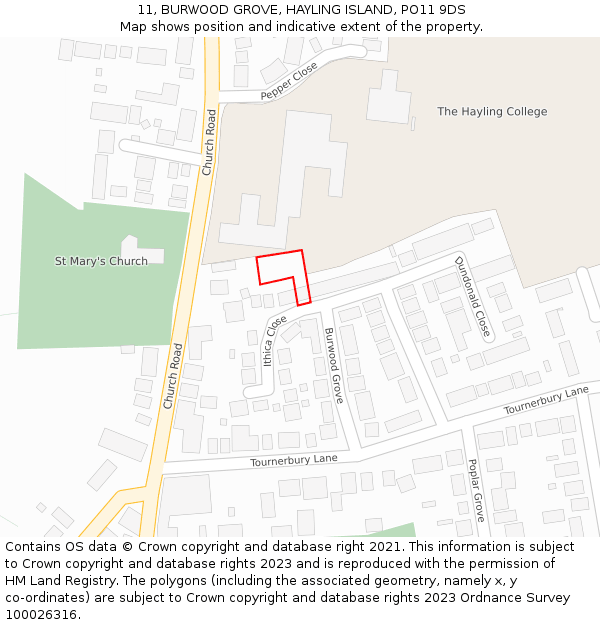 11, BURWOOD GROVE, HAYLING ISLAND, PO11 9DS: Location map and indicative extent of plot