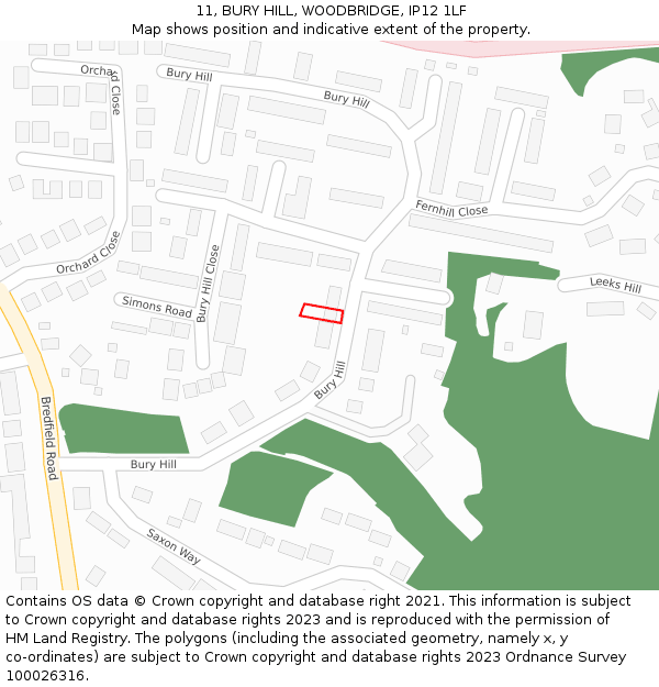 11, BURY HILL, WOODBRIDGE, IP12 1LF: Location map and indicative extent of plot