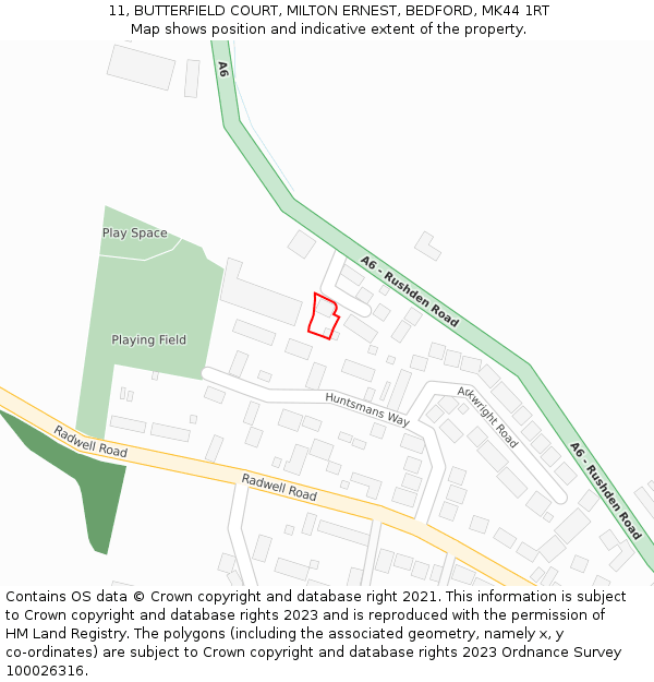 11, BUTTERFIELD COURT, MILTON ERNEST, BEDFORD, MK44 1RT: Location map and indicative extent of plot