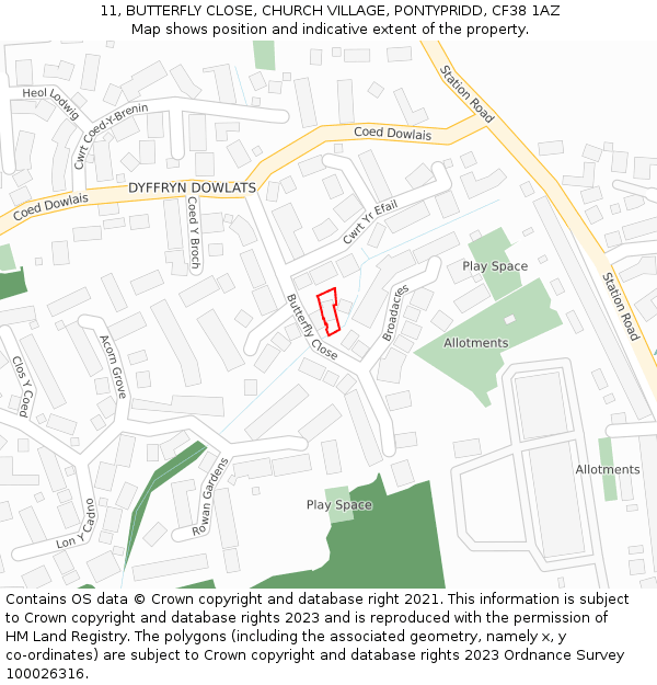 11, BUTTERFLY CLOSE, CHURCH VILLAGE, PONTYPRIDD, CF38 1AZ: Location map and indicative extent of plot