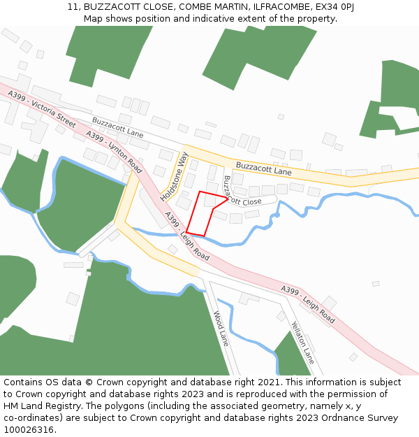 11, BUZZACOTT CLOSE, COMBE MARTIN, ILFRACOMBE, EX34 0PJ: Location map and indicative extent of plot
