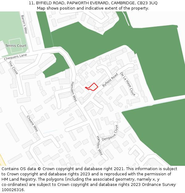 11, BYFIELD ROAD, PAPWORTH EVERARD, CAMBRIDGE, CB23 3UQ: Location map and indicative extent of plot