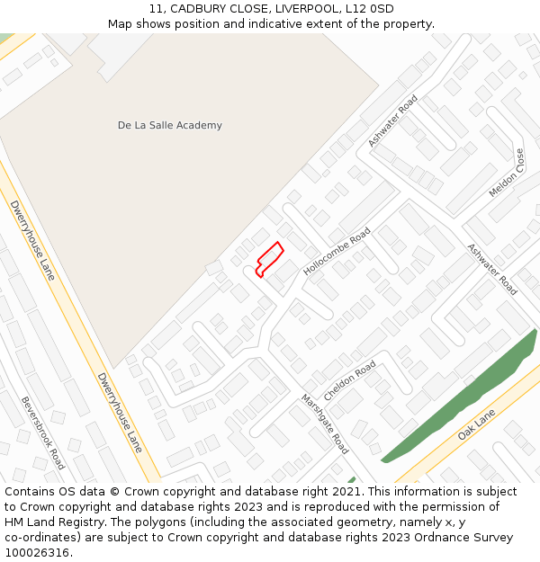 11, CADBURY CLOSE, LIVERPOOL, L12 0SD: Location map and indicative extent of plot