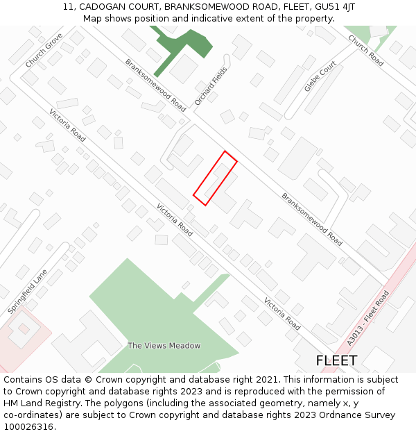 11, CADOGAN COURT, BRANKSOMEWOOD ROAD, FLEET, GU51 4JT: Location map and indicative extent of plot