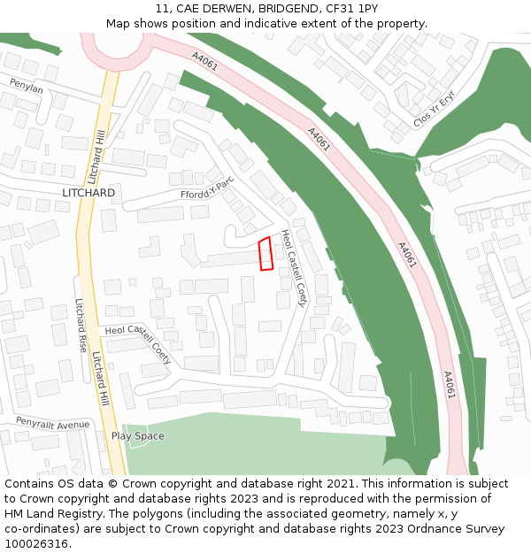 11, CAE DERWEN, BRIDGEND, CF31 1PY: Location map and indicative extent of plot
