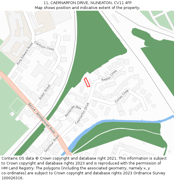 11, CAERNARFON DRIVE, NUNEATON, CV11 4FP: Location map and indicative extent of plot