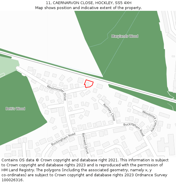11, CAERNARVON CLOSE, HOCKLEY, SS5 4XH: Location map and indicative extent of plot