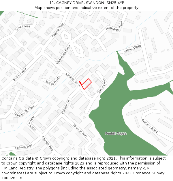 11, CAGNEY DRIVE, SWINDON, SN25 4YR: Location map and indicative extent of plot