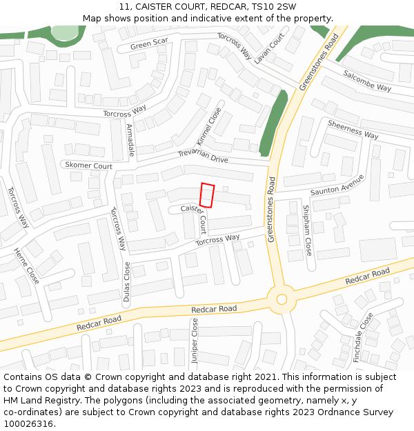 11, CAISTER COURT, REDCAR, TS10 2SW: Location map and indicative extent of plot