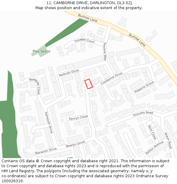 11, CAMBORNE DRIVE, DARLINGTON, DL3 0ZJ: Location map and indicative extent of plot