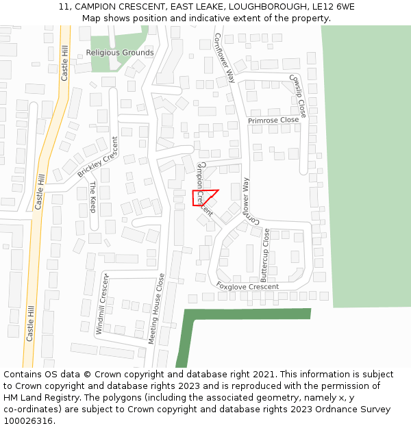 11, CAMPION CRESCENT, EAST LEAKE, LOUGHBOROUGH, LE12 6WE: Location map and indicative extent of plot