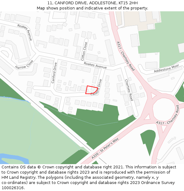 11, CANFORD DRIVE, ADDLESTONE, KT15 2HH: Location map and indicative extent of plot