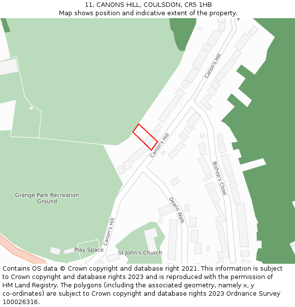 11, CANONS HILL, COULSDON, CR5 1HB: Location map and indicative extent of plot