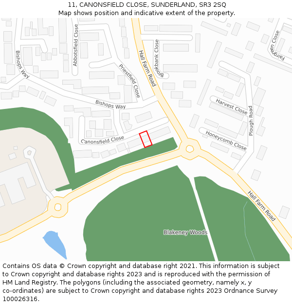 11, CANONSFIELD CLOSE, SUNDERLAND, SR3 2SQ: Location map and indicative extent of plot