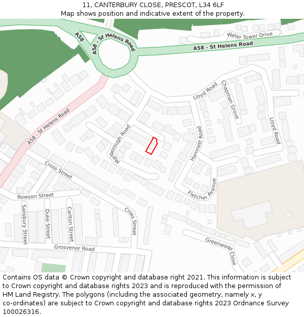 11, CANTERBURY CLOSE, PRESCOT, L34 6LF: Location map and indicative extent of plot