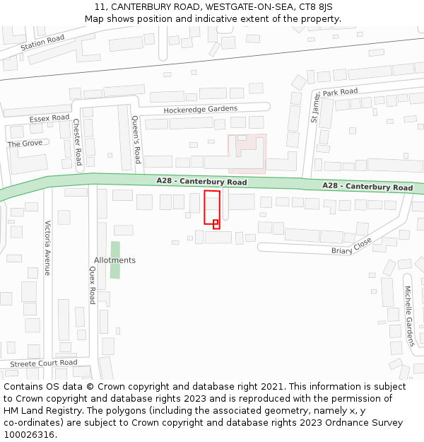 11, CANTERBURY ROAD, WESTGATE-ON-SEA, CT8 8JS: Location map and indicative extent of plot