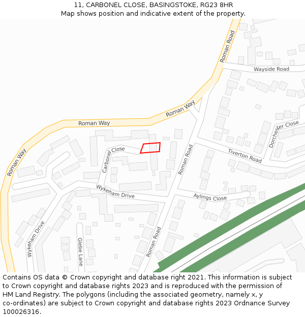 11, CARBONEL CLOSE, BASINGSTOKE, RG23 8HR: Location map and indicative extent of plot