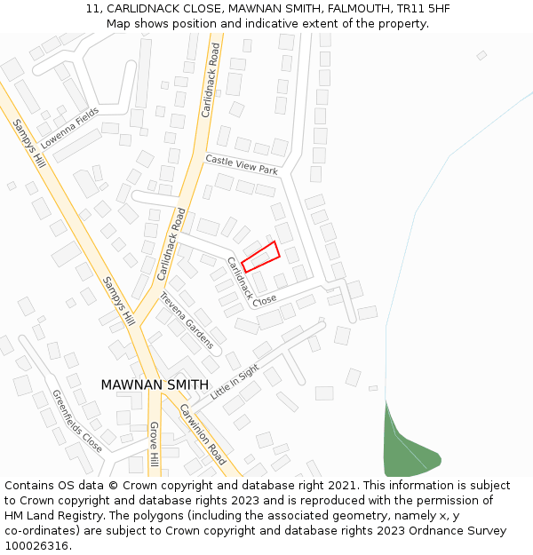 11, CARLIDNACK CLOSE, MAWNAN SMITH, FALMOUTH, TR11 5HF: Location map and indicative extent of plot