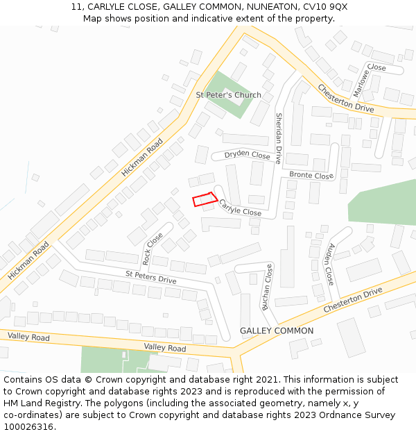 11, CARLYLE CLOSE, GALLEY COMMON, NUNEATON, CV10 9QX: Location map and indicative extent of plot