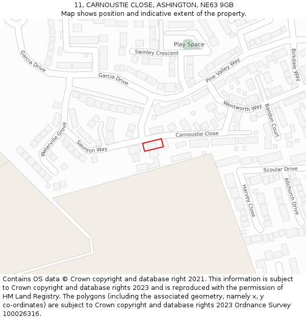 11, CARNOUSTIE CLOSE, ASHINGTON, NE63 9GB: Location map and indicative extent of plot