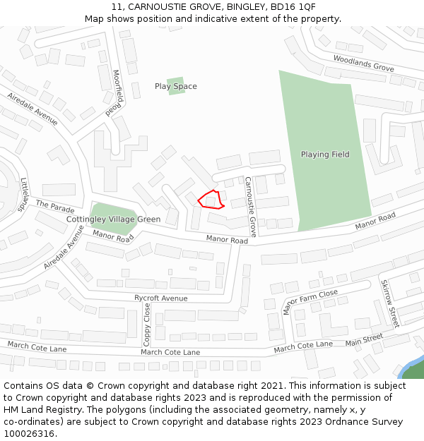 11, CARNOUSTIE GROVE, BINGLEY, BD16 1QF: Location map and indicative extent of plot