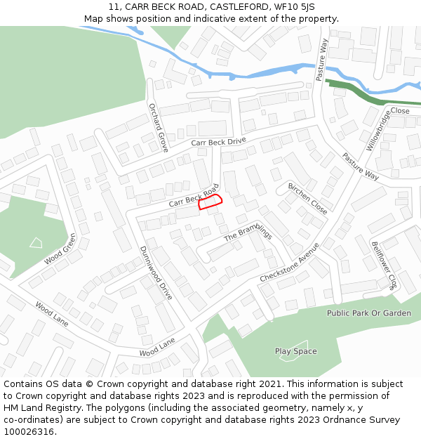 11, CARR BECK ROAD, CASTLEFORD, WF10 5JS: Location map and indicative extent of plot