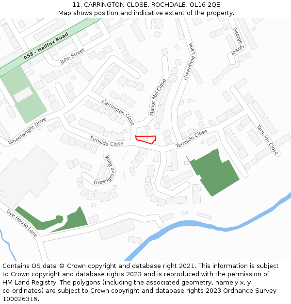 11, CARRINGTON CLOSE, ROCHDALE, OL16 2QE: Location map and indicative extent of plot