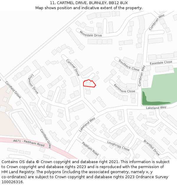 11, CARTMEL DRIVE, BURNLEY, BB12 8UX: Location map and indicative extent of plot